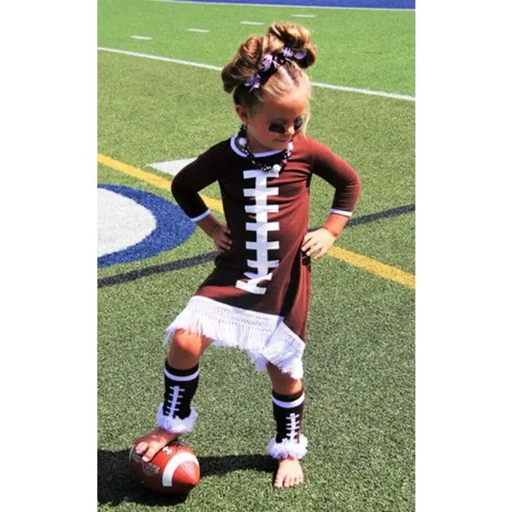 Girls Football Print Fringe Dress Size L 4 5 Season‎ Tailgate Party Brown White